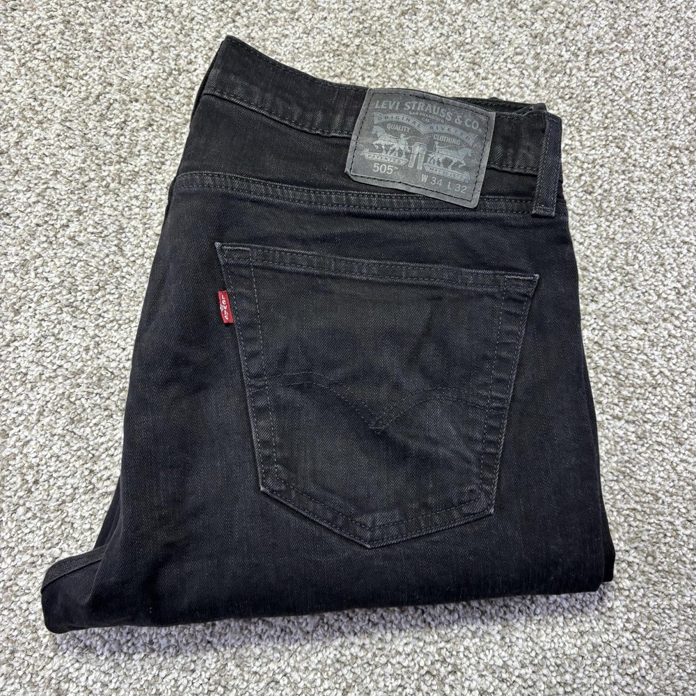 Levis 505 Jeans Mens 34x32 Black Dark Wash Regular Straight Denim Pants Casual